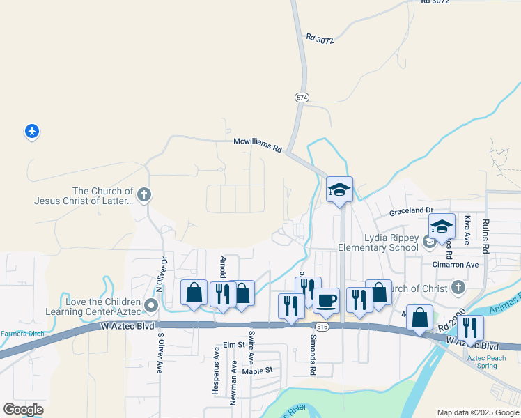 map of restaurants, bars, coffee shops, grocery stores, and more near Crane Drive in Aztec
