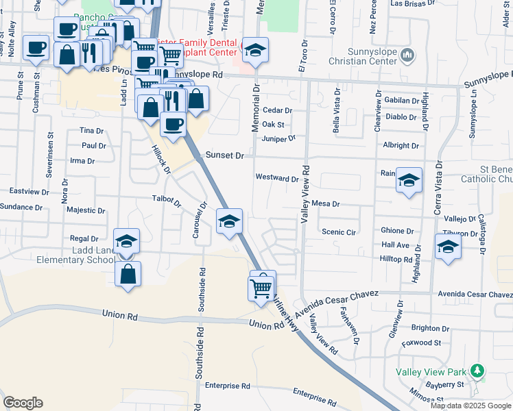 map of restaurants, bars, coffee shops, grocery stores, and more near 1941 Memorial Drive in Hollister