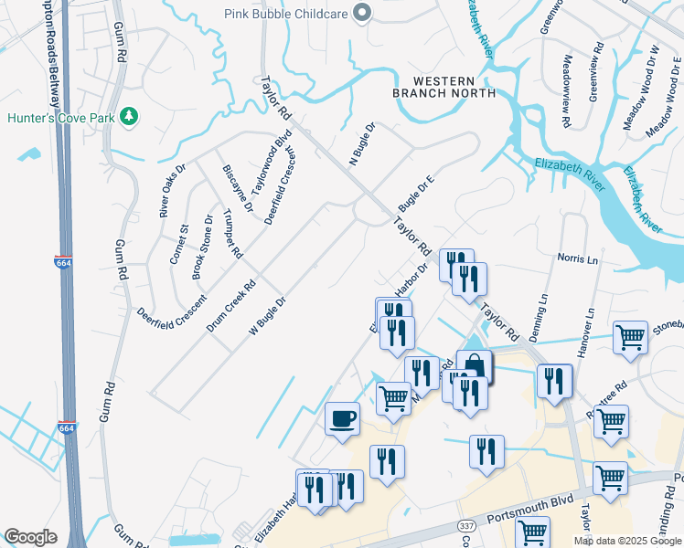 map of restaurants, bars, coffee shops, grocery stores, and more near 2814 Taylor Road in Chesapeake