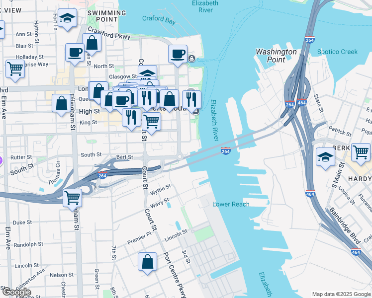 map of restaurants, bars, coffee shops, grocery stores, and more near 803 Crawford Street in Portsmouth