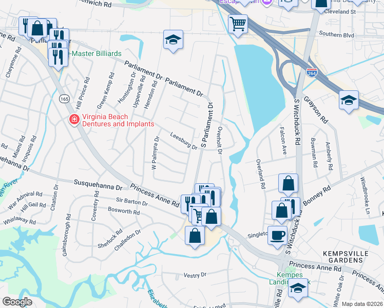map of restaurants, bars, coffee shops, grocery stores, and more near 305 East Palmyra Drive in Virginia Beach