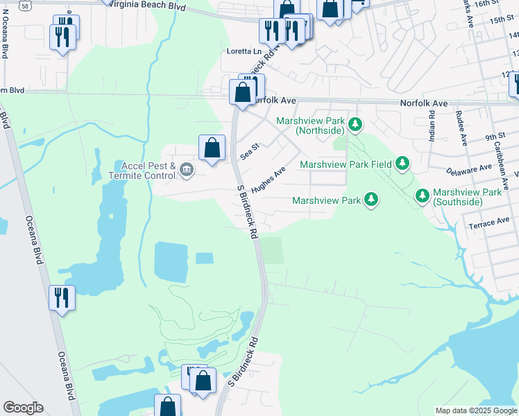 map of restaurants, bars, coffee shops, grocery stores, and more near 1504 Colonnade Drive in Virginia Beach