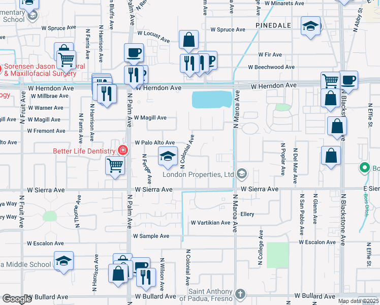 map of restaurants, bars, coffee shops, grocery stores, and more near 574 West Paul Avenue in Fresno