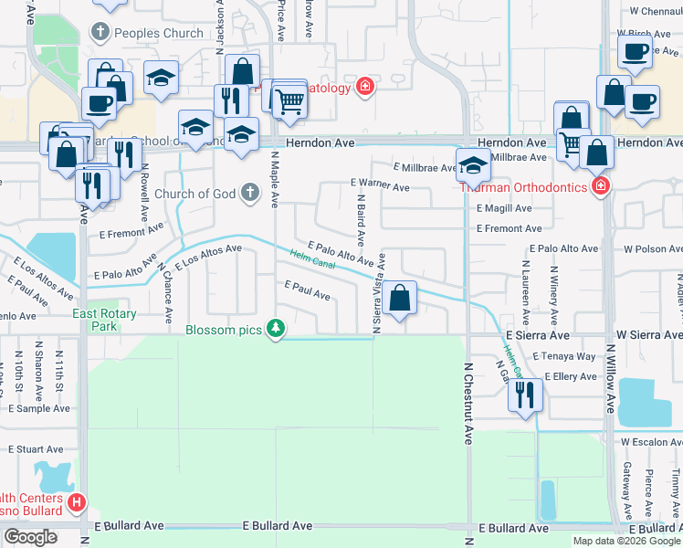 map of restaurants, bars, coffee shops, grocery stores, and more near 2650 E Los Altos Ave in Fresno