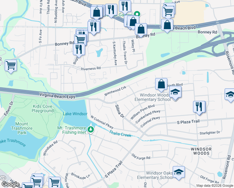 map of restaurants, bars, coffee shops, grocery stores, and more near 105 Brentwood Circle in Virginia Beach