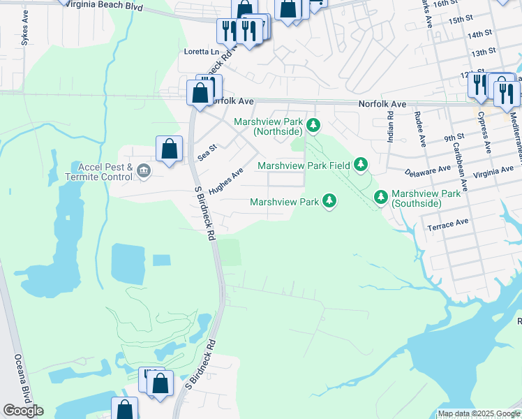map of restaurants, bars, coffee shops, grocery stores, and more near 1400 Goose Landing in Virginia Beach
