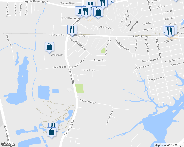 map of restaurants, bars, coffee shops, grocery stores, and more near 1400 Goose Landing in Virginia Beach