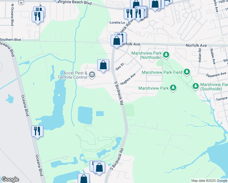 map of restaurants, bars, coffee shops, grocery stores, and more near 221 South Birdneck Road in Virginia Beach