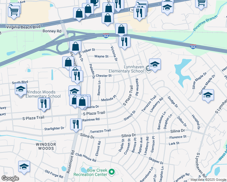 map of restaurants, bars, coffee shops, grocery stores, and more near 228 Colonel Circle in Virginia Beach