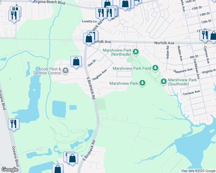 map of restaurants, bars, coffee shops, grocery stores, and more near 1464 Goose Landing in Virginia Beach