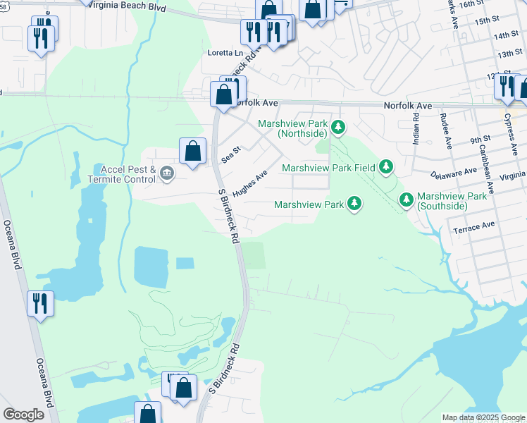 map of restaurants, bars, coffee shops, grocery stores, and more near 1464 Goose Landing in Virginia Beach