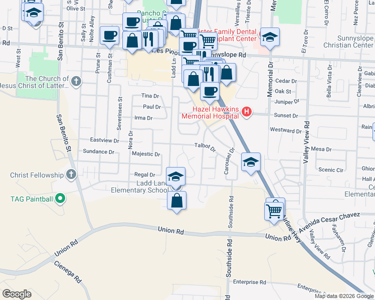 map of restaurants, bars, coffee shops, grocery stores, and more near 1950 Eldene Drive in Hollister