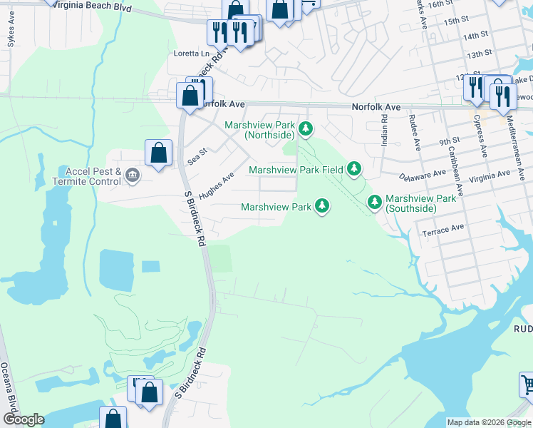 map of restaurants, bars, coffee shops, grocery stores, and more near 1400 Goose Landing in Virginia Beach