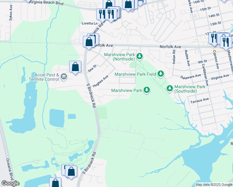 map of restaurants, bars, coffee shops, grocery stores, and more near 1400 Goose Landing in Virginia Beach