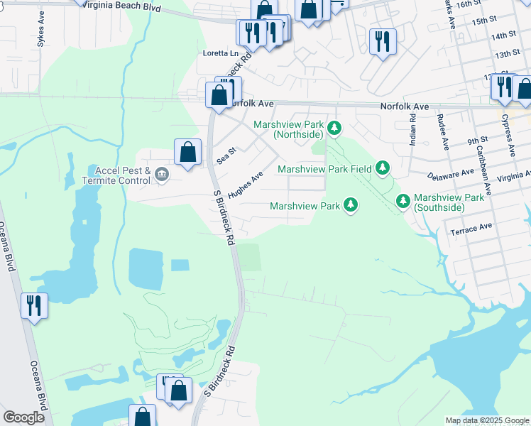 map of restaurants, bars, coffee shops, grocery stores, and more near 1464 Goose Landing in Virginia Beach