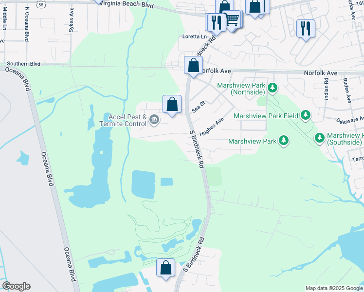 map of restaurants, bars, coffee shops, grocery stores, and more near 221 South Birdneck Road in Virginia Beach