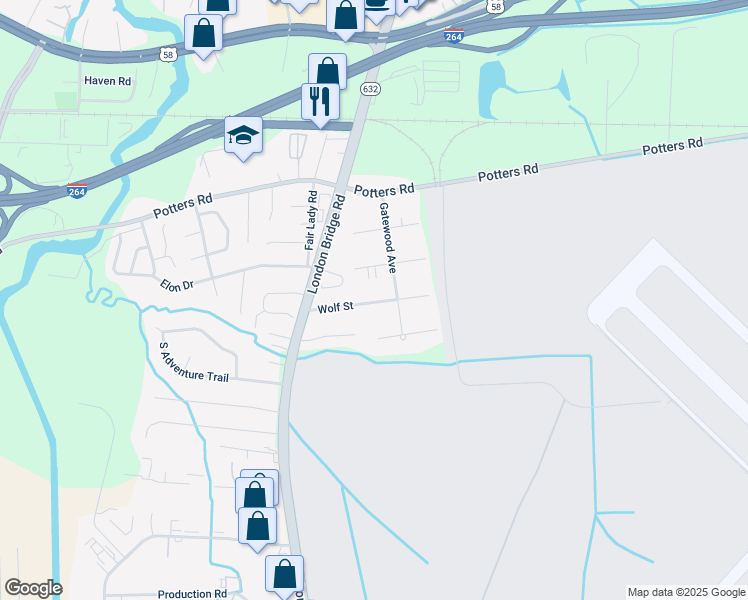 map of restaurants, bars, coffee shops, grocery stores, and more near 2244 Wolf Street in Virginia Beach