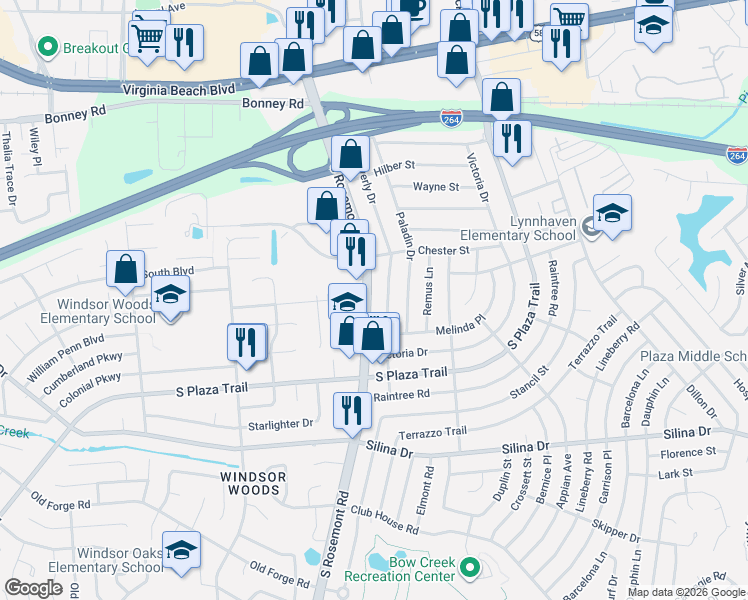 map of restaurants, bars, coffee shops, grocery stores, and more near 228 Virginia 411 in Virginia Beach
