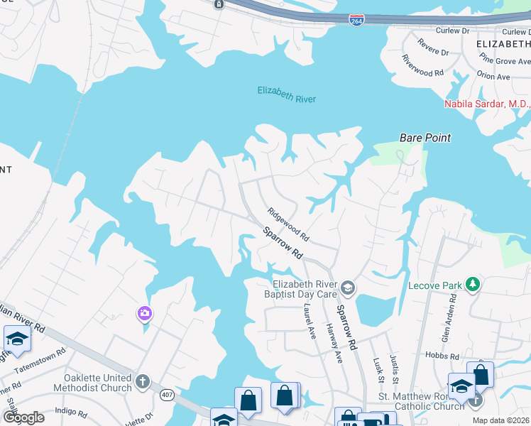 map of restaurants, bars, coffee shops, grocery stores, and more near 129 Ridgewood Road in Chesapeake