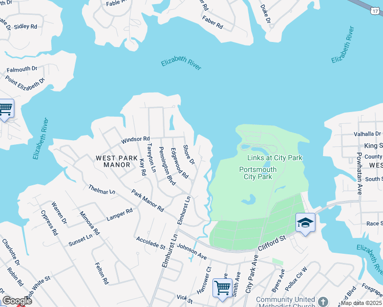 map of restaurants, bars, coffee shops, grocery stores, and more near 102 Shore Drive in Portsmouth