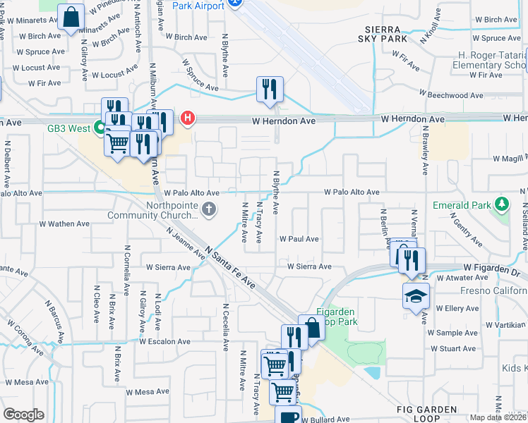 map of restaurants, bars, coffee shops, grocery stores, and more near 6548 North Tracy Avenue in Fresno