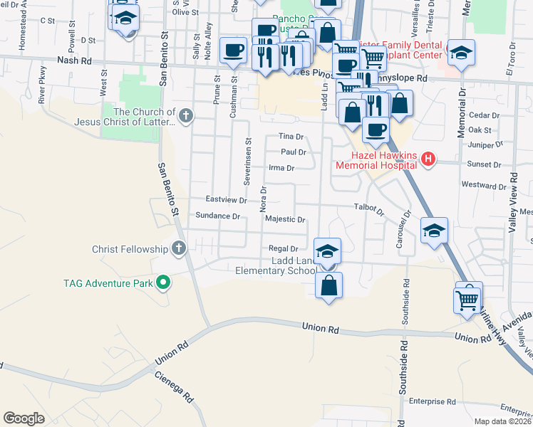 map of restaurants, bars, coffee shops, grocery stores, and more near 340 Majestic Drive in Hollister