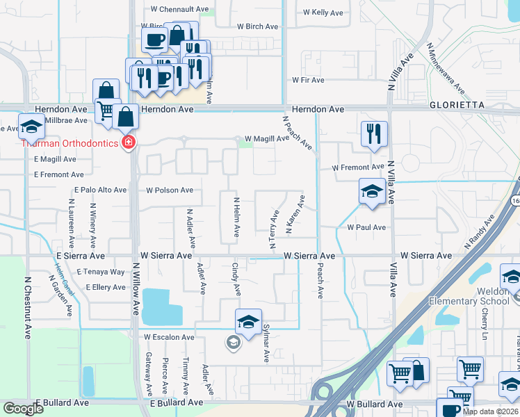 map of restaurants, bars, coffee shops, grocery stores, and more near 100 North Terry Court in Clovis