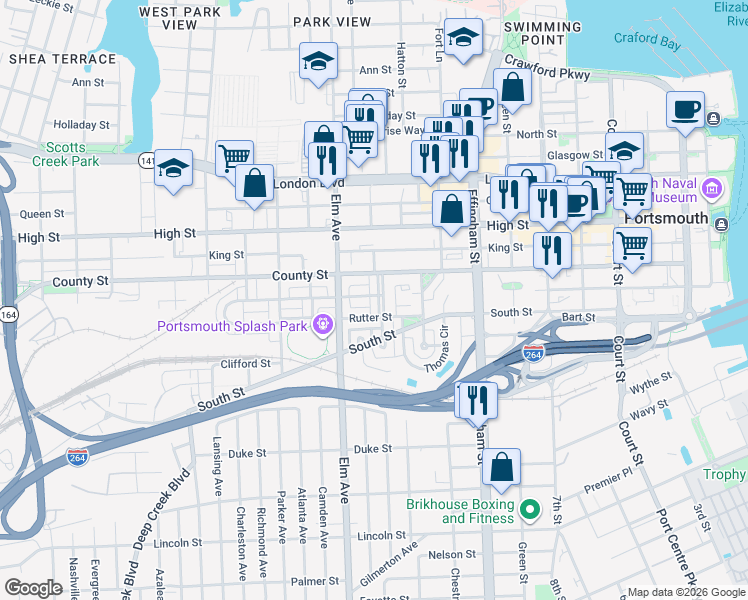 map of restaurants, bars, coffee shops, grocery stores, and more near 728 Bismarck Myrick Street in Portsmouth