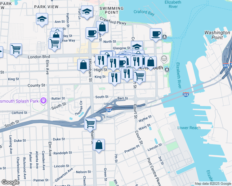 map of restaurants, bars, coffee shops, grocery stores, and more near 811 Washington Street in Portsmouth