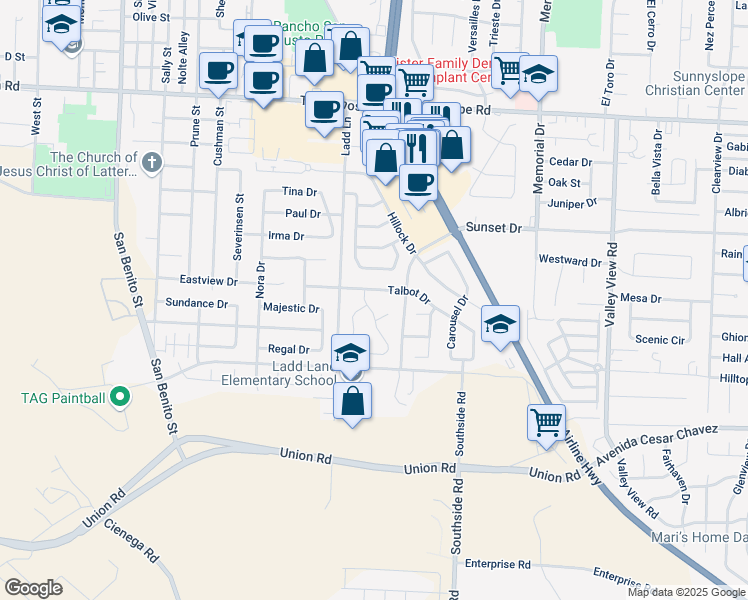 map of restaurants, bars, coffee shops, grocery stores, and more near 1950 Eldene Drive in Hollister