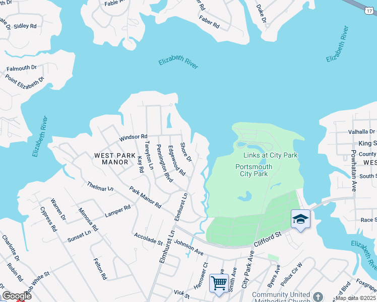 map of restaurants, bars, coffee shops, grocery stores, and more near 102 Shore Drive in Portsmouth