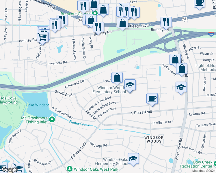 map of restaurants, bars, coffee shops, grocery stores, and more near 208 Great Hall Court in Virginia Beach