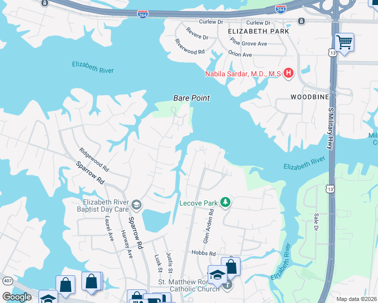map of restaurants, bars, coffee shops, grocery stores, and more near 3545 Byrn Brae Drive in Virginia Beach