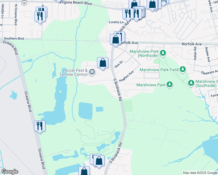 map of restaurants, bars, coffee shops, grocery stores, and more near 221 South Birdneck Road in Virginia Beach