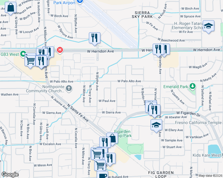 map of restaurants, bars, coffee shops, grocery stores, and more near 6548 North Bendel Avenue in Fresno
