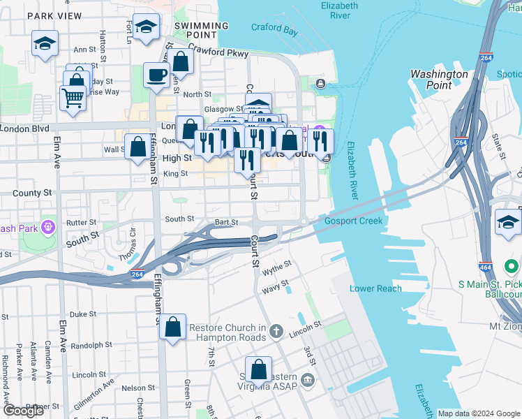 map of restaurants, bars, coffee shops, grocery stores, and more near 309 Columbia Street in Portsmouth