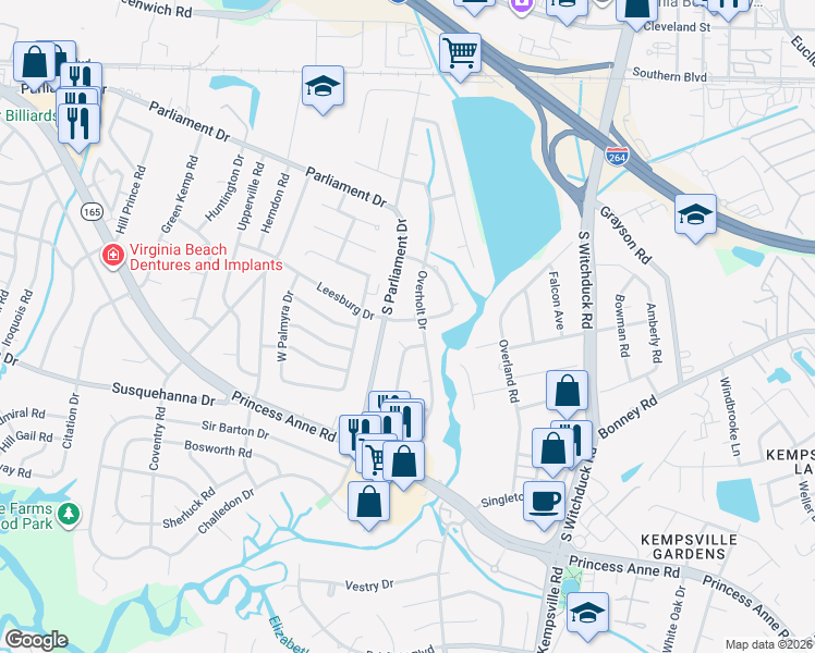 map of restaurants, bars, coffee shops, grocery stores, and more near 5233 Executive Boulevard in Virginia Beach