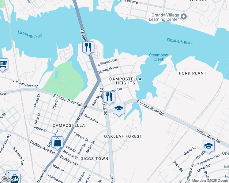 map of restaurants, bars, coffee shops, grocery stores, and more near 905 Oakwood Street in Norfolk