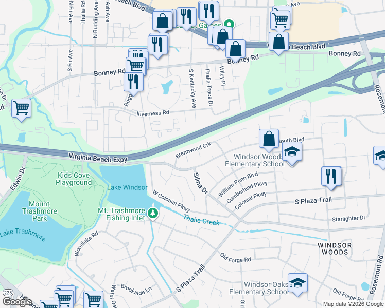map of restaurants, bars, coffee shops, grocery stores, and more near 105 Brentwood Circle in Virginia Beach
