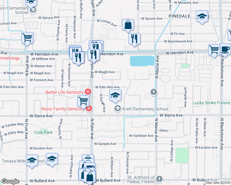 map of restaurants, bars, coffee shops, grocery stores, and more near 6535 North Roosevelt Avenue in Fresno