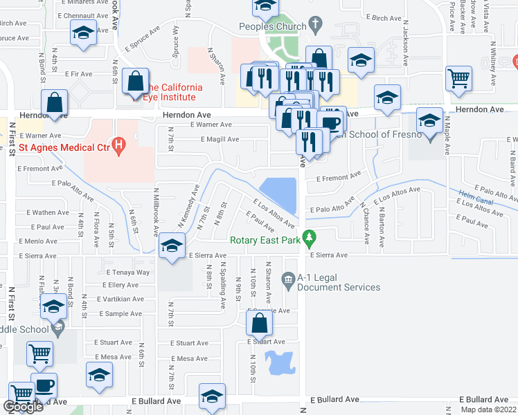 map of restaurants, bars, coffee shops, grocery stores, and more near 1681 East Los Altos Avenue in Fresno