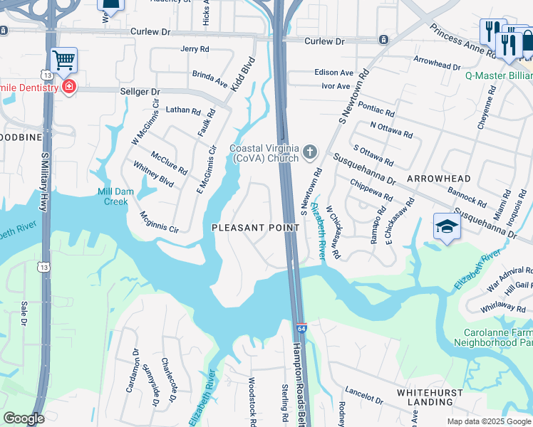 map of restaurants, bars, coffee shops, grocery stores, and more near 375 Dorwin Drive in Norfolk