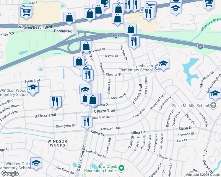 map of restaurants, bars, coffee shops, grocery stores, and more near 228 Remus Lane in Virginia Beach