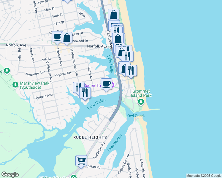 map of restaurants, bars, coffee shops, grocery stores, and more near 200 Winston Salem Avenue in Virginia Beach