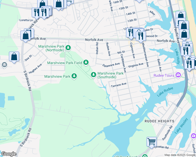 map of restaurants, bars, coffee shops, grocery stores, and more near 622 Sea Oats Way in Virginia Beach