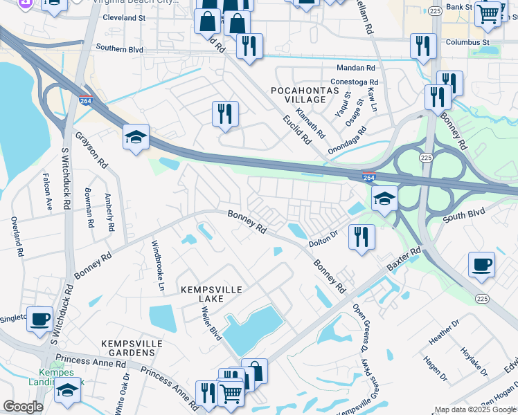map of restaurants, bars, coffee shops, grocery stores, and more near 224 Breccia Lane in Virginia Beach