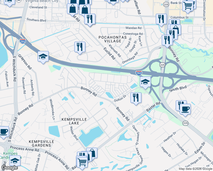 map of restaurants, bars, coffee shops, grocery stores, and more near 228 Larimar Avenue in Virginia Beach