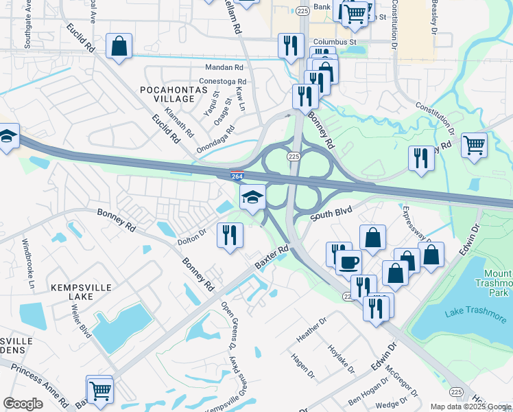 map of restaurants, bars, coffee shops, grocery stores, and more near 4780 Dolton Drive in Virginia Beach