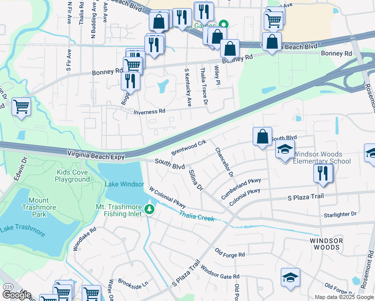 map of restaurants, bars, coffee shops, grocery stores, and more near 105 Brentwood Circle in Virginia Beach