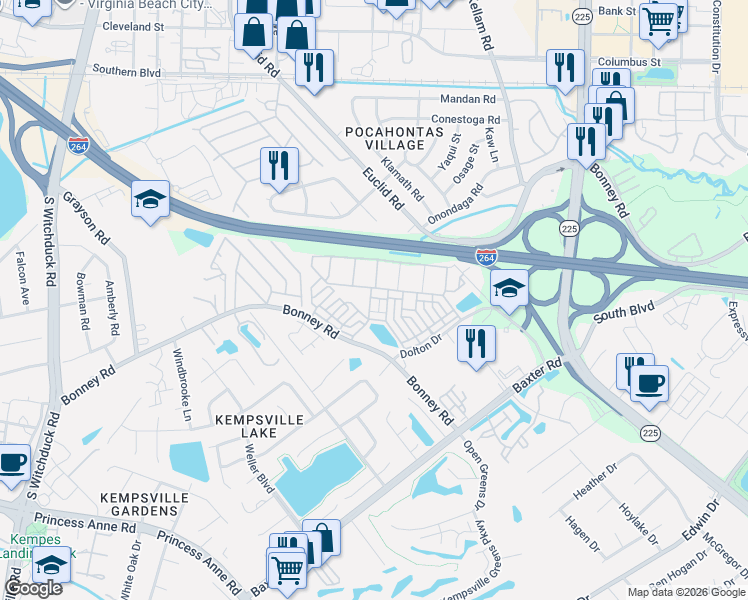 map of restaurants, bars, coffee shops, grocery stores, and more near 228 Larimar Avenue in Virginia Beach